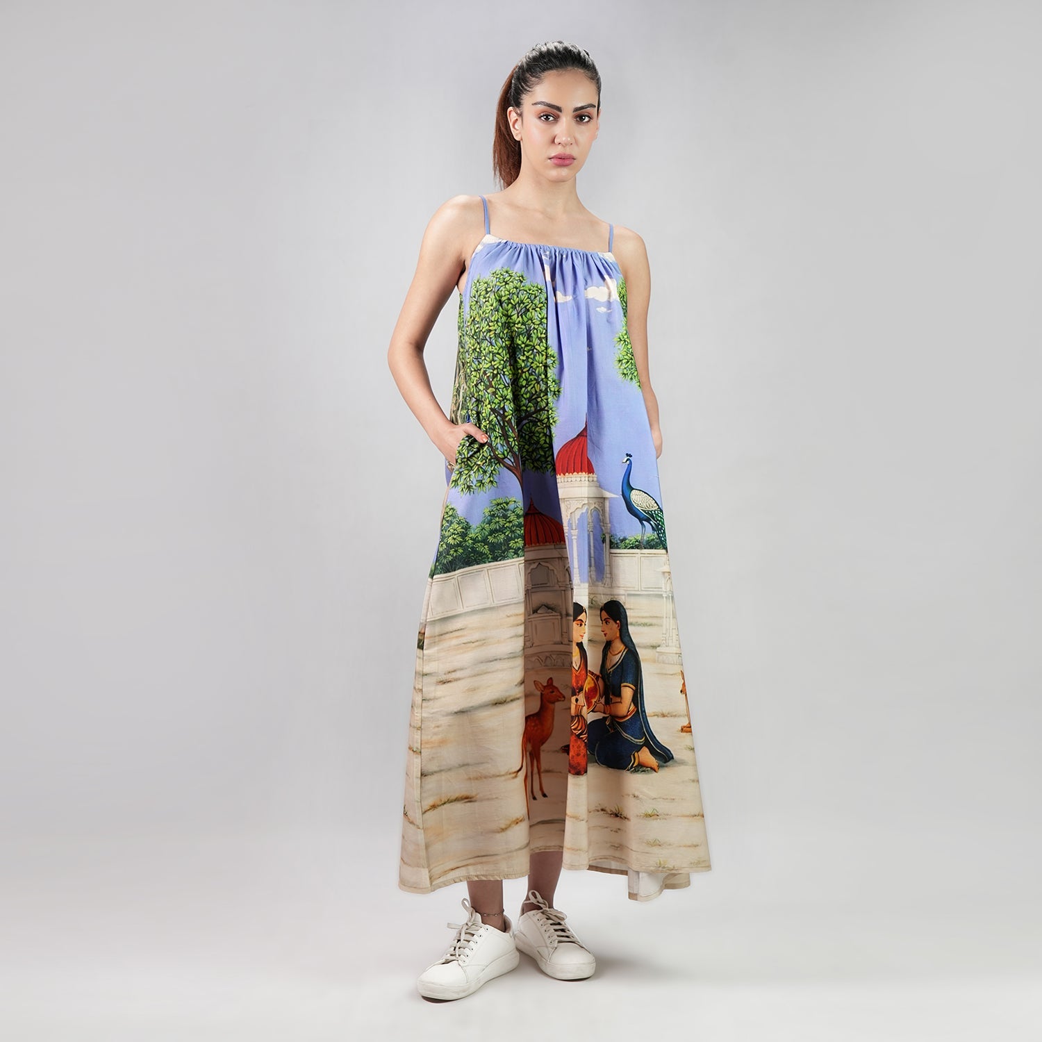 Saanjh Heritage Art Print Spaghetti Strap Maxi Dress - Multicolor