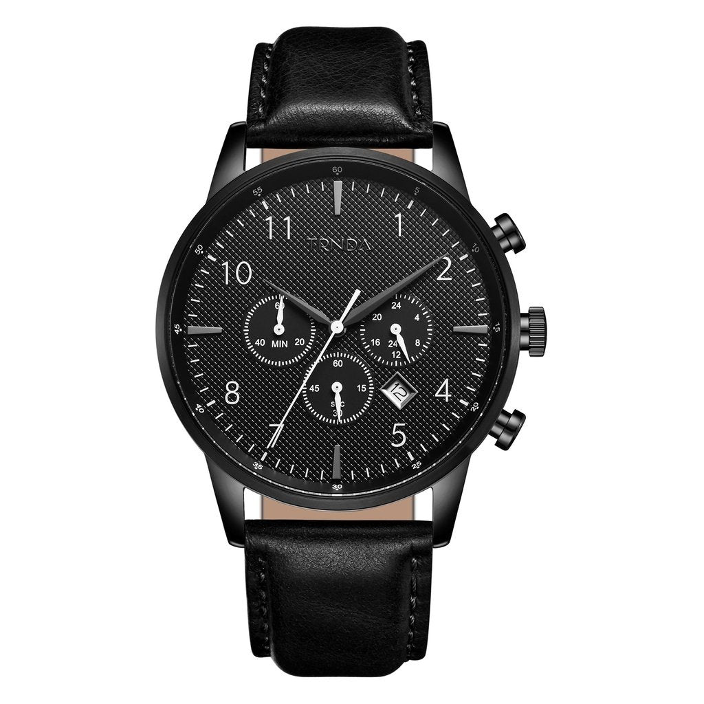 Trnda Men's Stainless Steel Watch, Black Leather Band | Trn-43blk