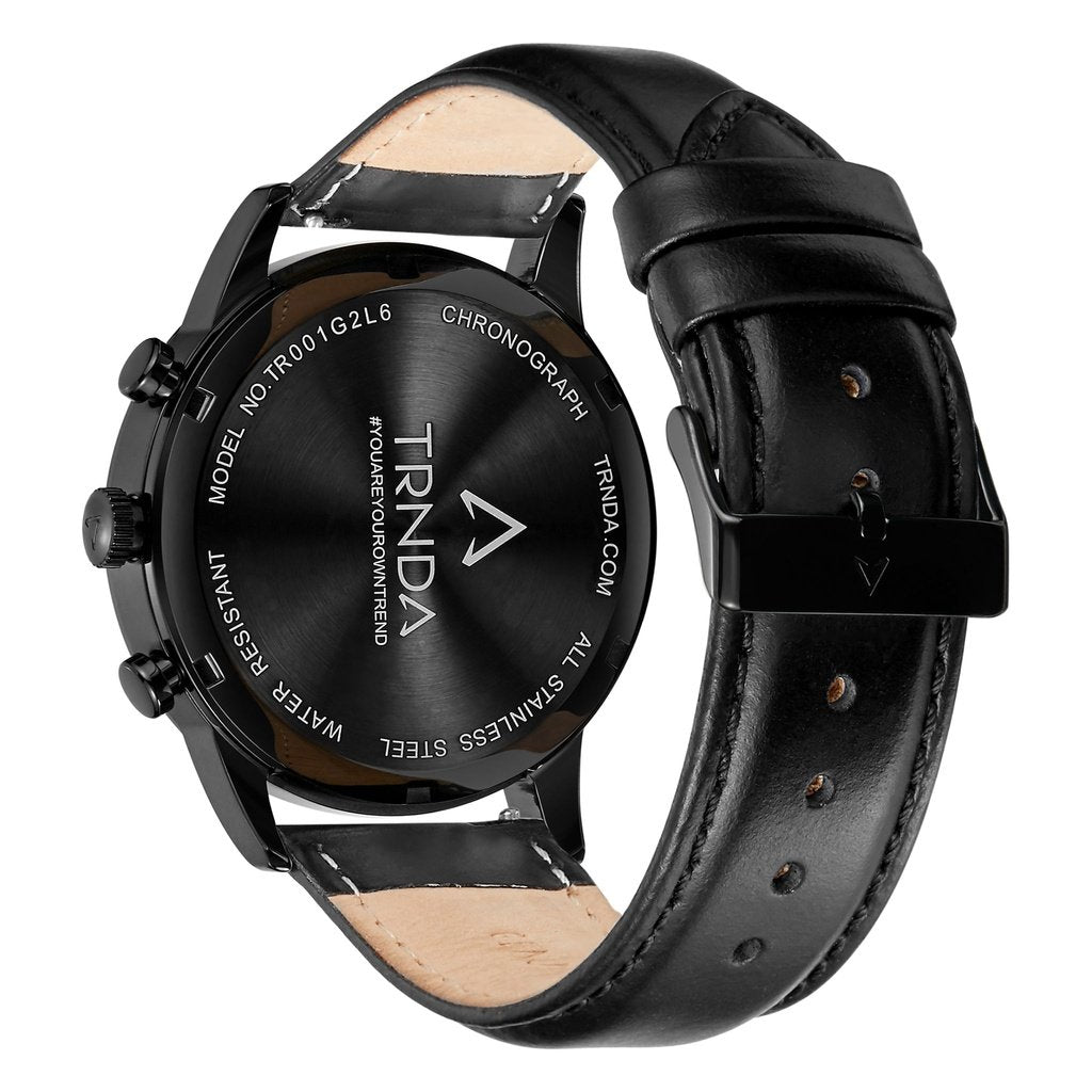 Trnda Men's Stainless Steel Watch, Black Leather Band | Trn-43blk