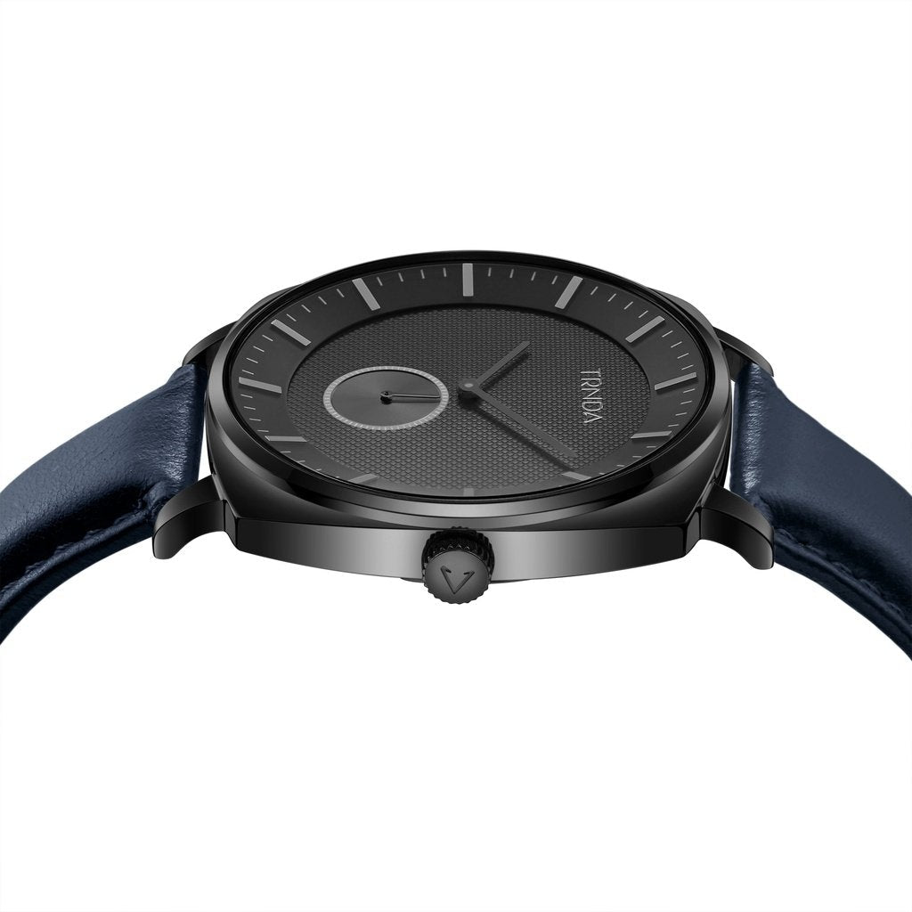 Trnda Men's Black Stainless Steel Watch, Blue Leather Band | Trndbk45