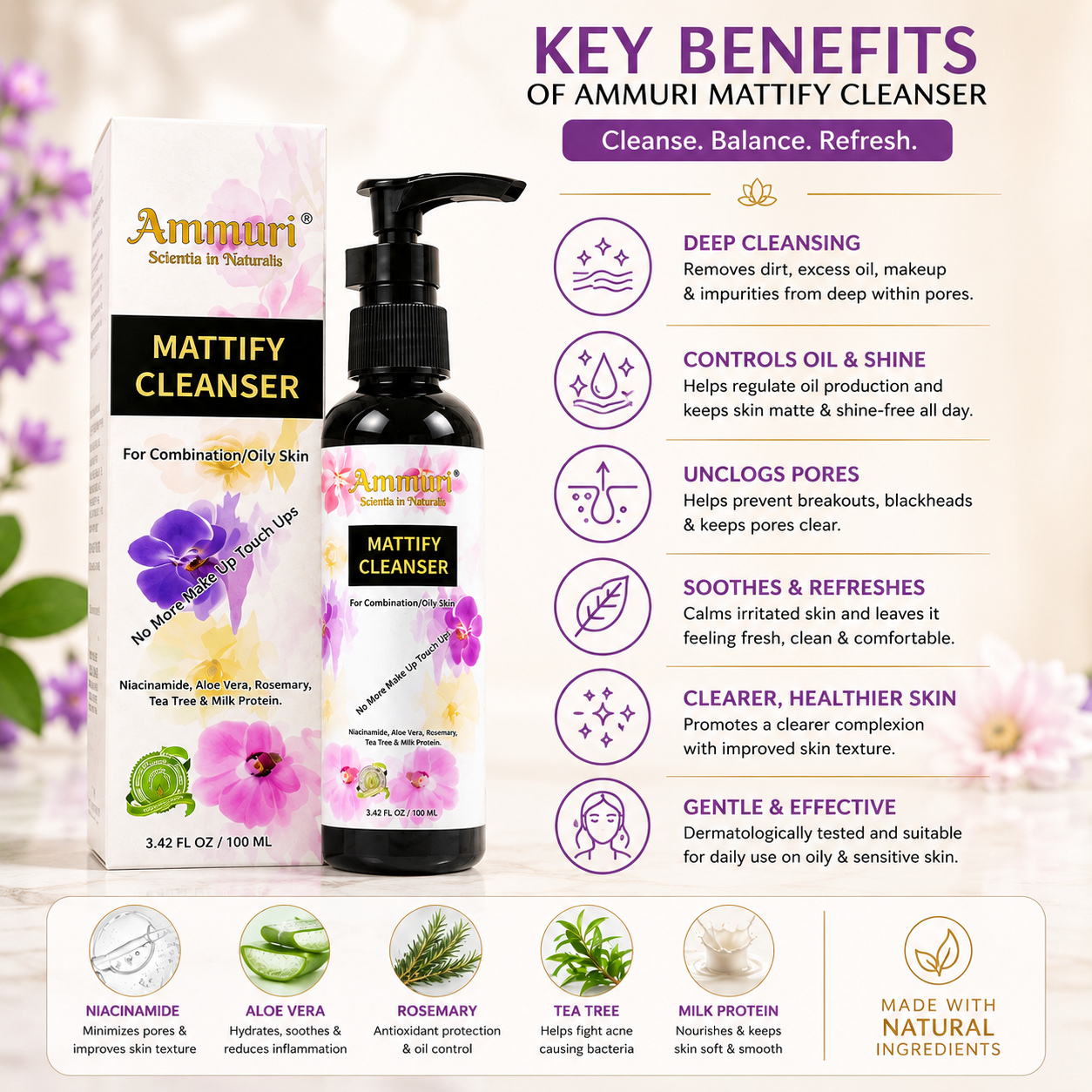 Mattifying Facial Cleanser for Oily Skin & Pore Control (100ml) | Ammuri