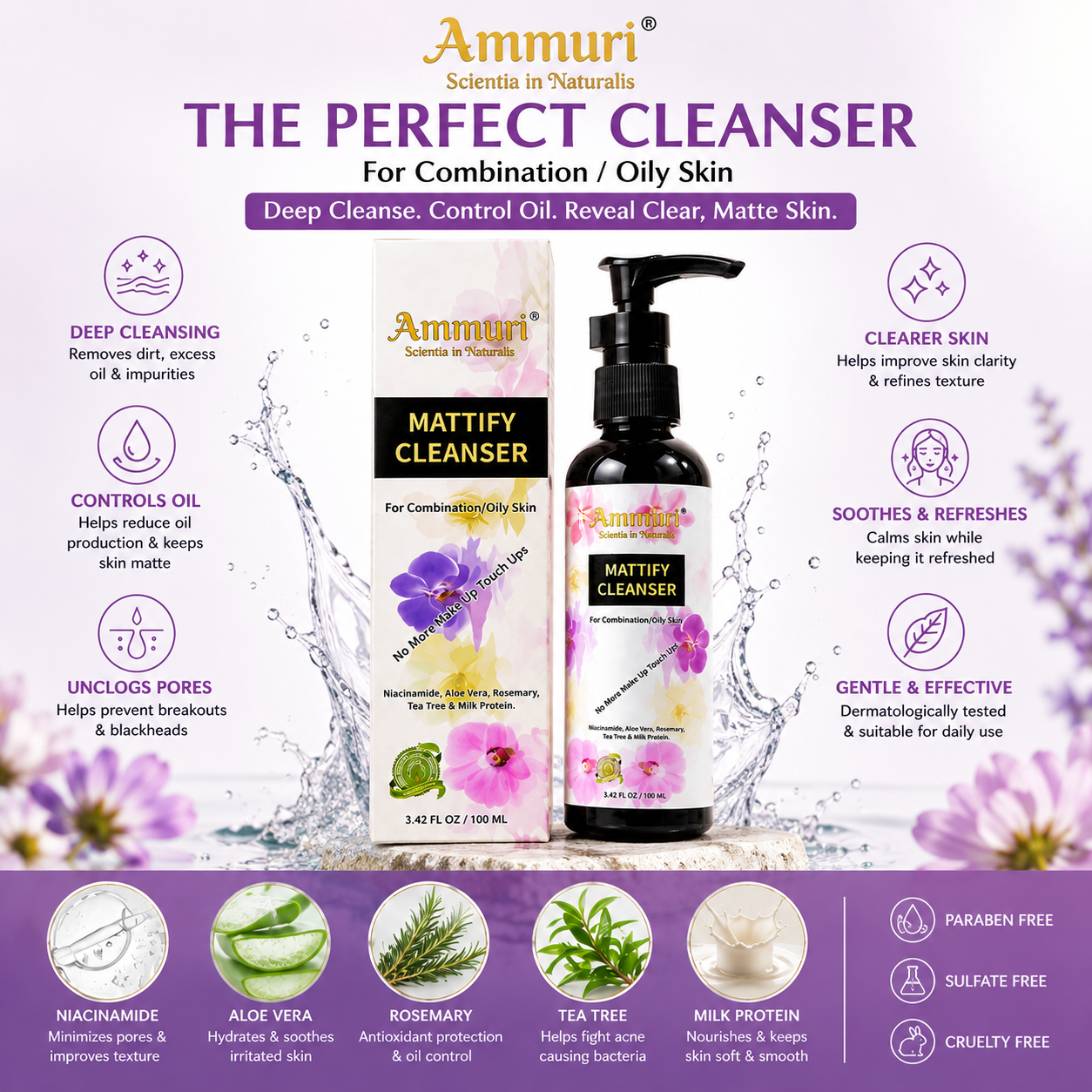 Mattifying Facial Cleanser for Oily Skin & Pore Control (100ml) | Ammuri